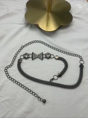 Y2K Gunmetal Chain Belt Bow Rhinestone Flower Coquette Grunge Whimsygoth